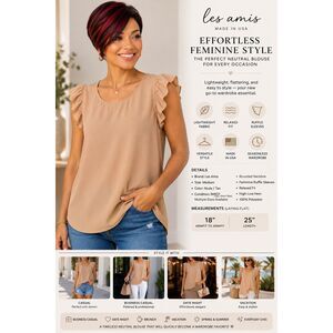 🤎 Les Amis Nude Tan Ruffle Sleeve Blouse | Medium | NWOT | Made in USA